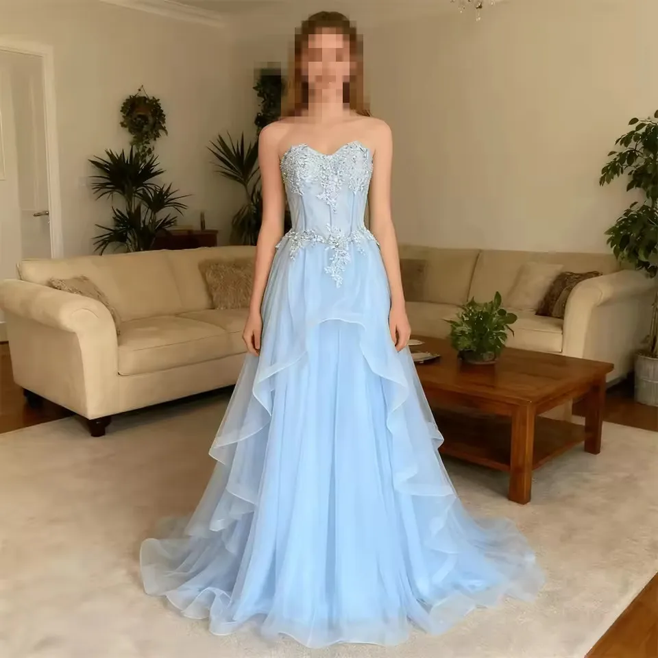 

Sky Blue Tulle Prom Dress Women Elegant Sleeveless A-line long Graduation Party Dress Elegant Bridal Wedding Dress Customized