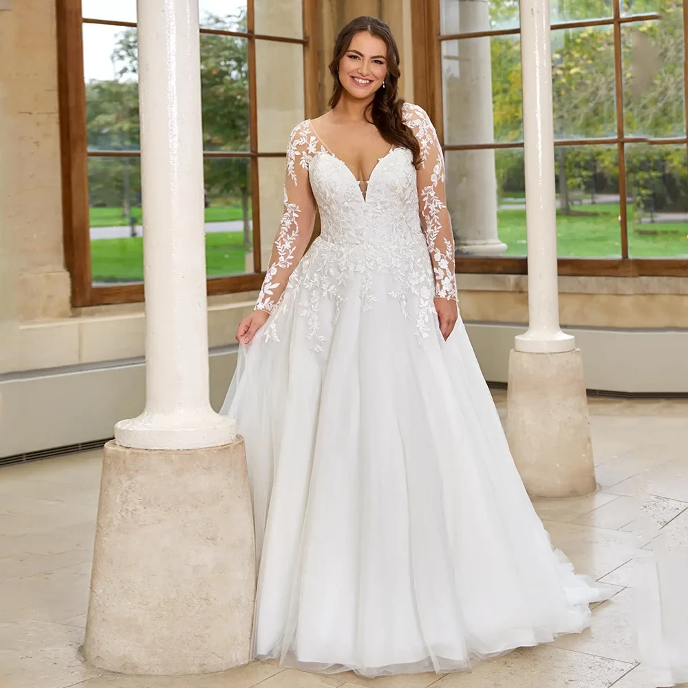 

High Quality Wedding Dresses For Bride Plus Size V Neck Long Sleeves A-Line Bride Gowns Applique Sweep Train Vestido De Noiva