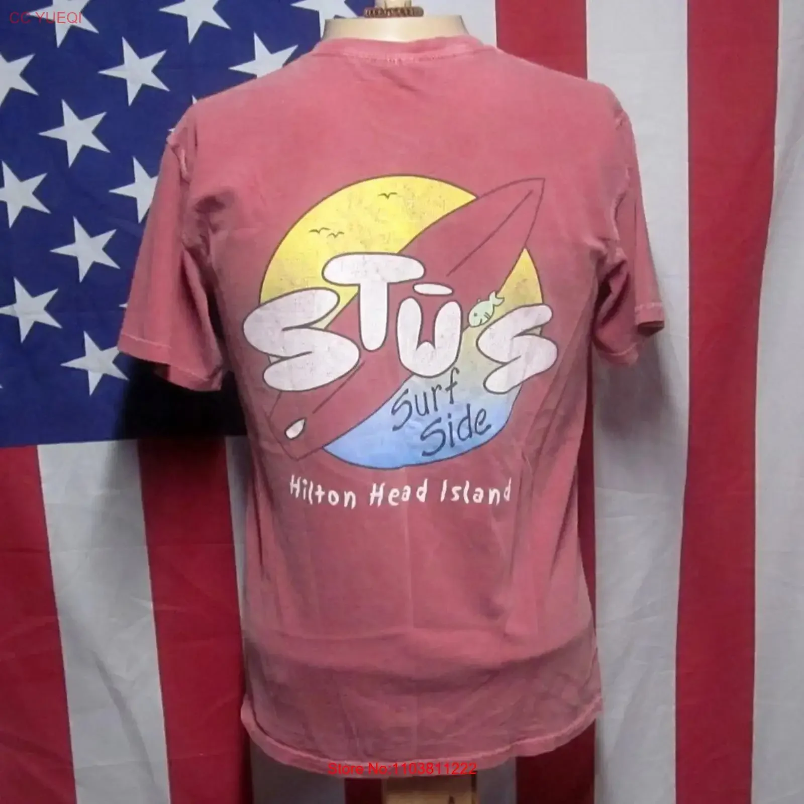 Camiseta STU S Surf Side tee OG Hilton Head Island pequena, estilo vintage, lavada, respirável, com estampa gráfica streetwear.