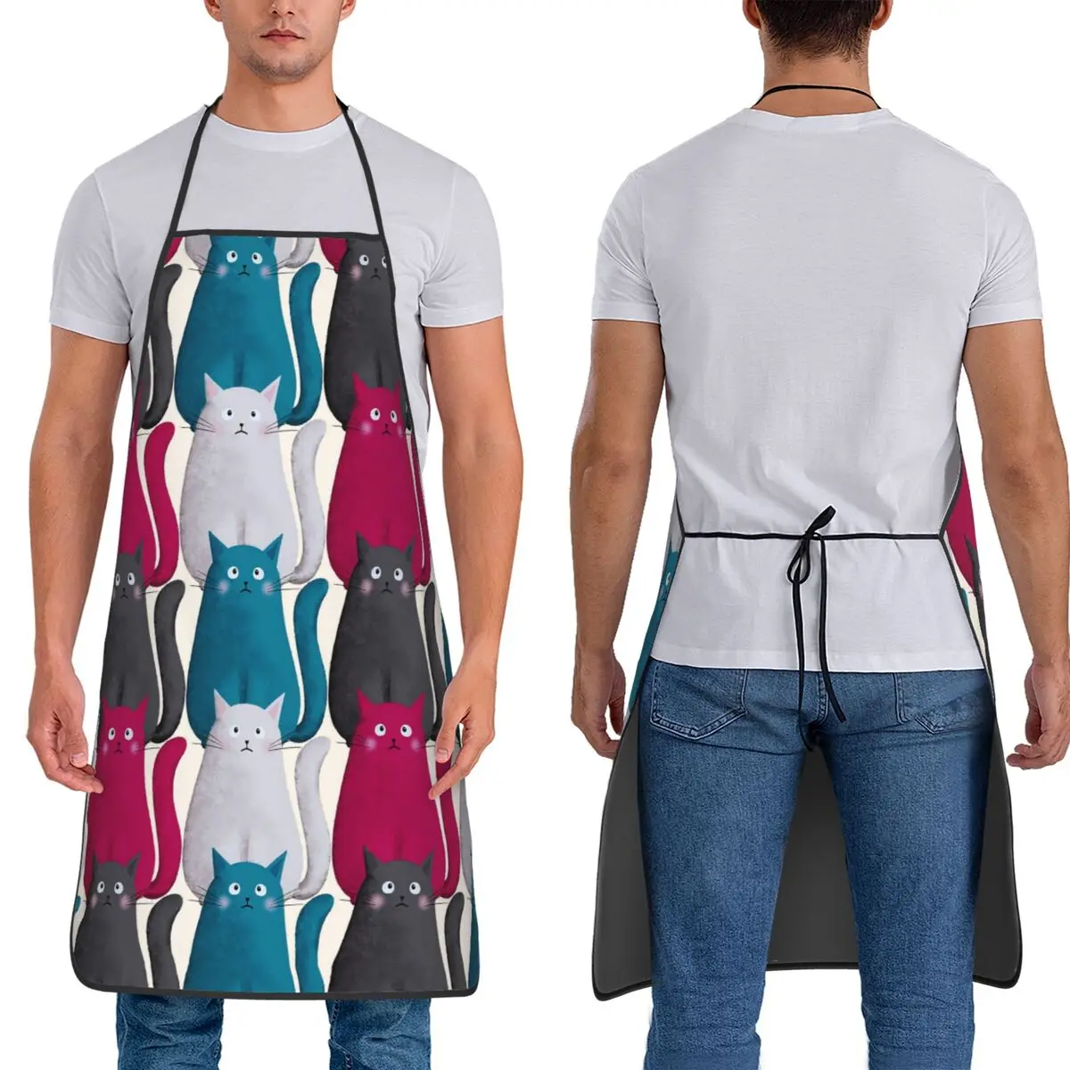 Sad Cat Pattern White Grey Blue Pink Moody Cats Seamless Design Aprons Chef Cooking Tablier Bib Kitchen Cleaning Pinafore