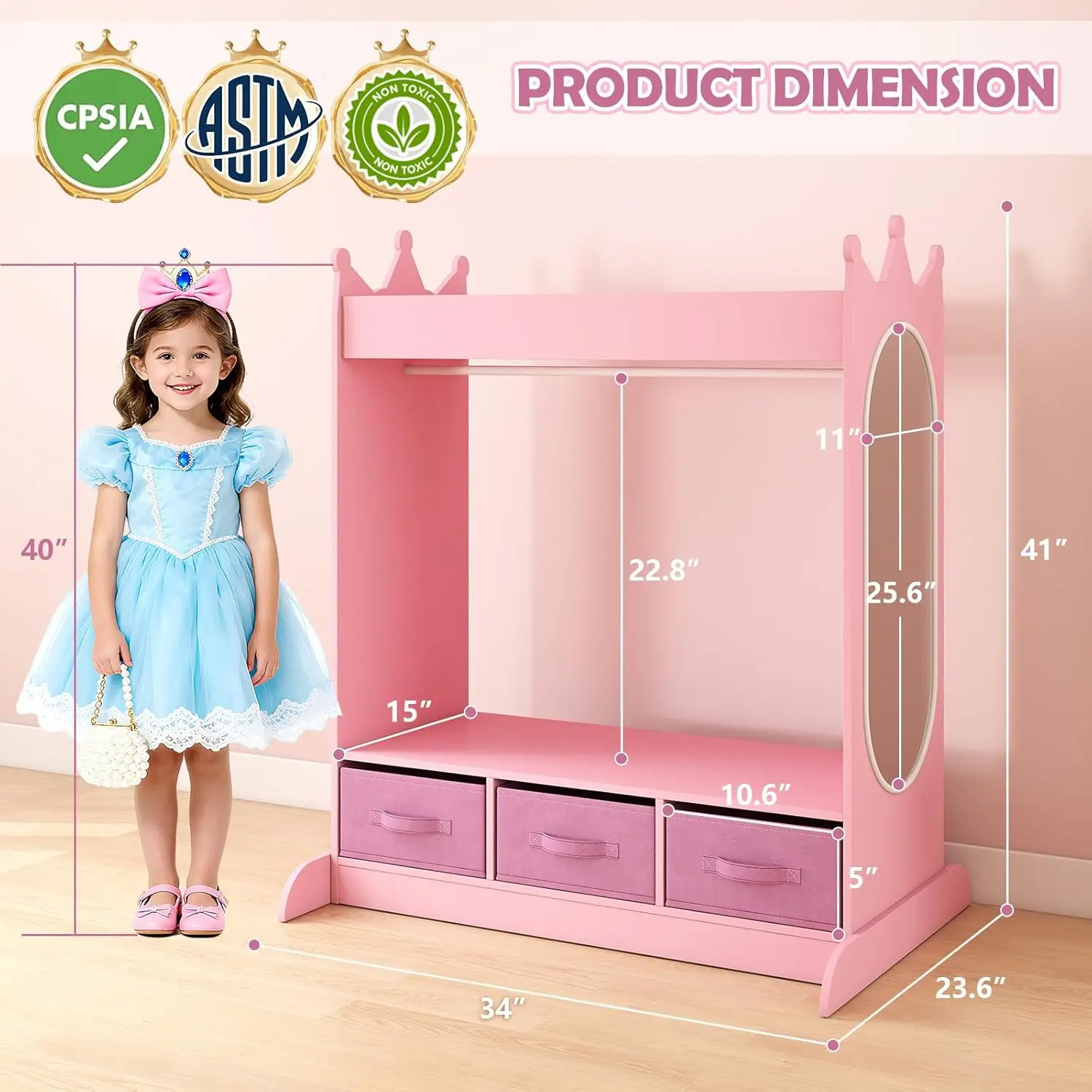 Cassettiera per bambini con specchio e cassetti, armadio portaoggetti per sala giochi rosa