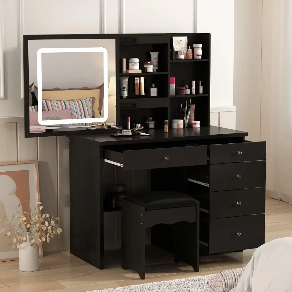 

Vanity Desk Set Makeup Table, Dressing Table with 5 Drawers, Storage Shelves & Cushioned Stool for Bedroom