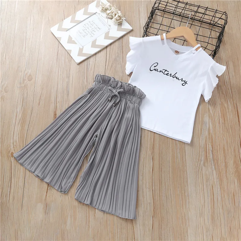 Summer 2021 Girls Clothing Sets Kids T-shirt +Wide Leg Pants Suits Children Short Sleeve Baby Girl Clothes 5 6 7 8 9 10 12 Years