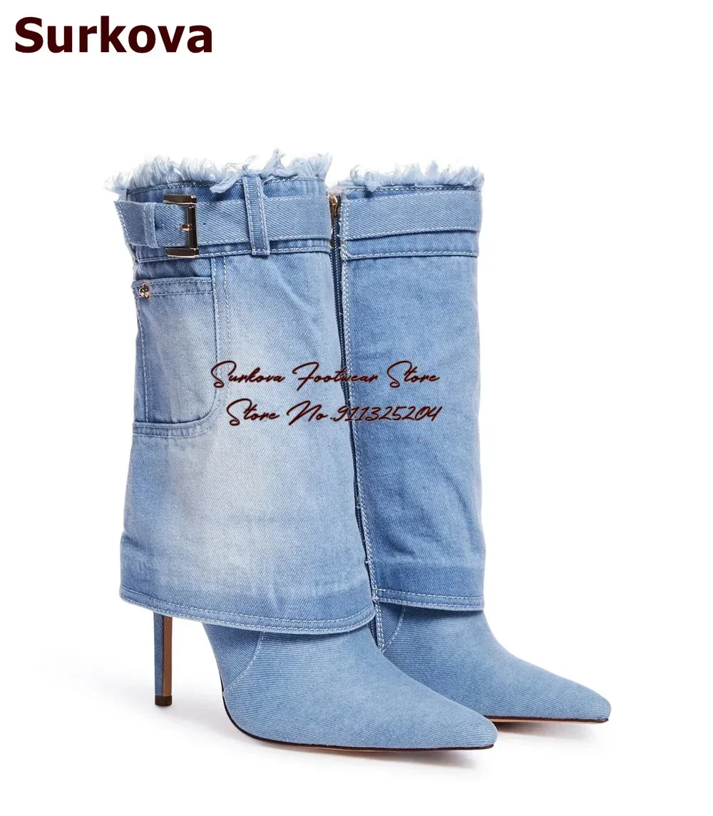 

Surkova Sky Blue Denim Mid-calf Boots Jeans Thin High Heel Pointed Toe Turn-over Middle Boots Belt Buckle Strap Pocket Shoes