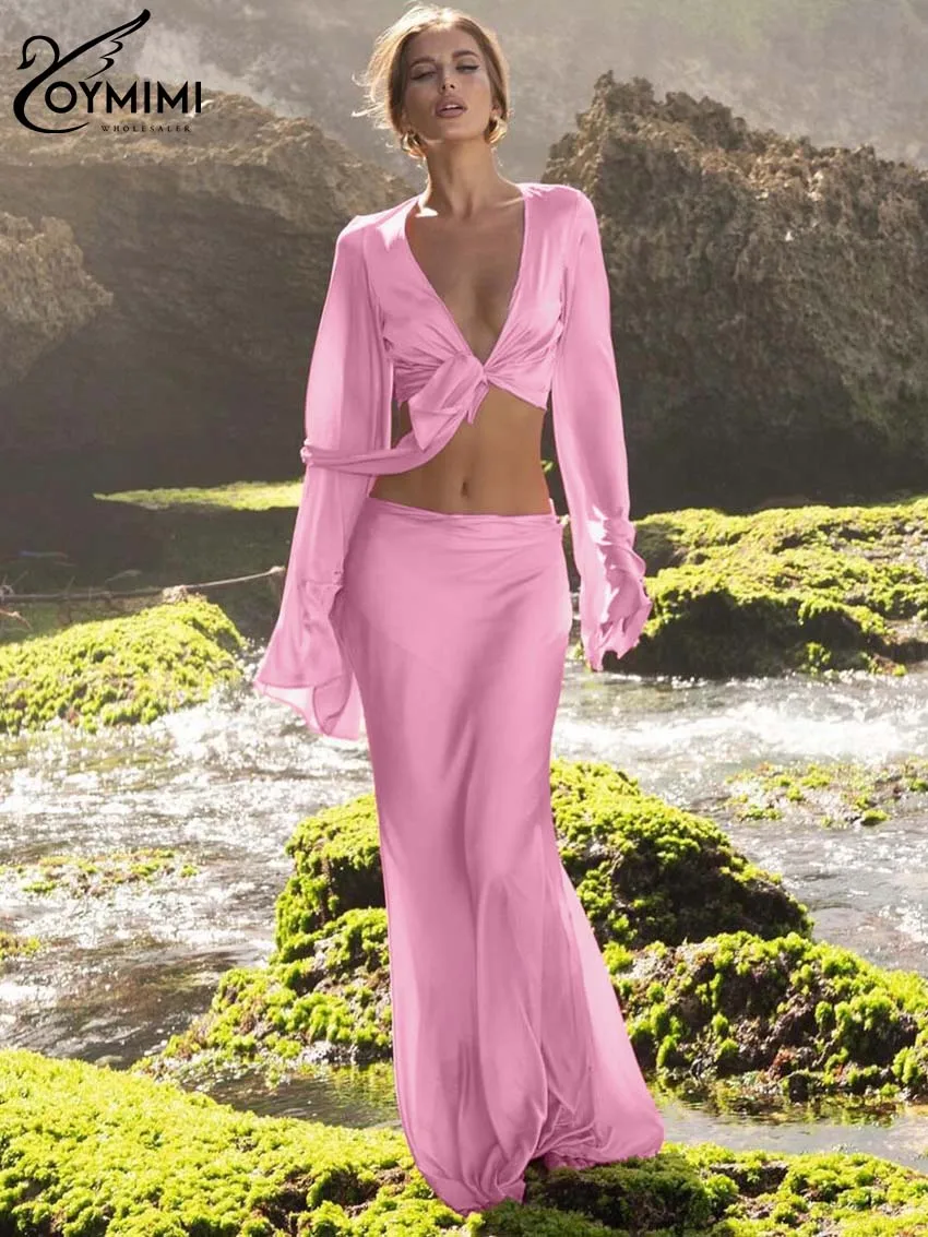 Oymimi Summer Pink Satin Women 2 Piece Set Outfit Fashion Deep V-Neck Long Sleve Crop Tops And Simple Floor-Length Skirts Sets