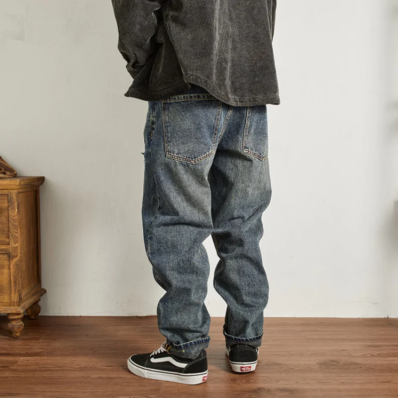 

Fashionable street jeans for men, retro patchwork patches, loose tapered small straight leg denim pants with holes