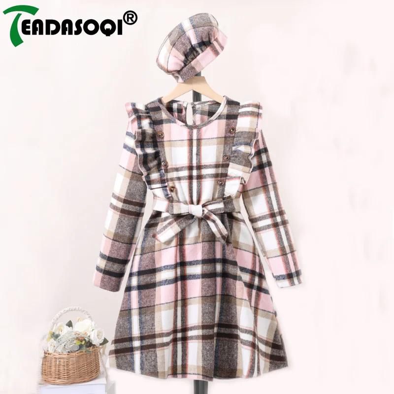 

8-11Y Kids Girls Dress Clothes 2Pcs Set Autumn Winter Long Sleeve Pleated Shoulder Strap Belt Princess Skirt With Hat Outfit