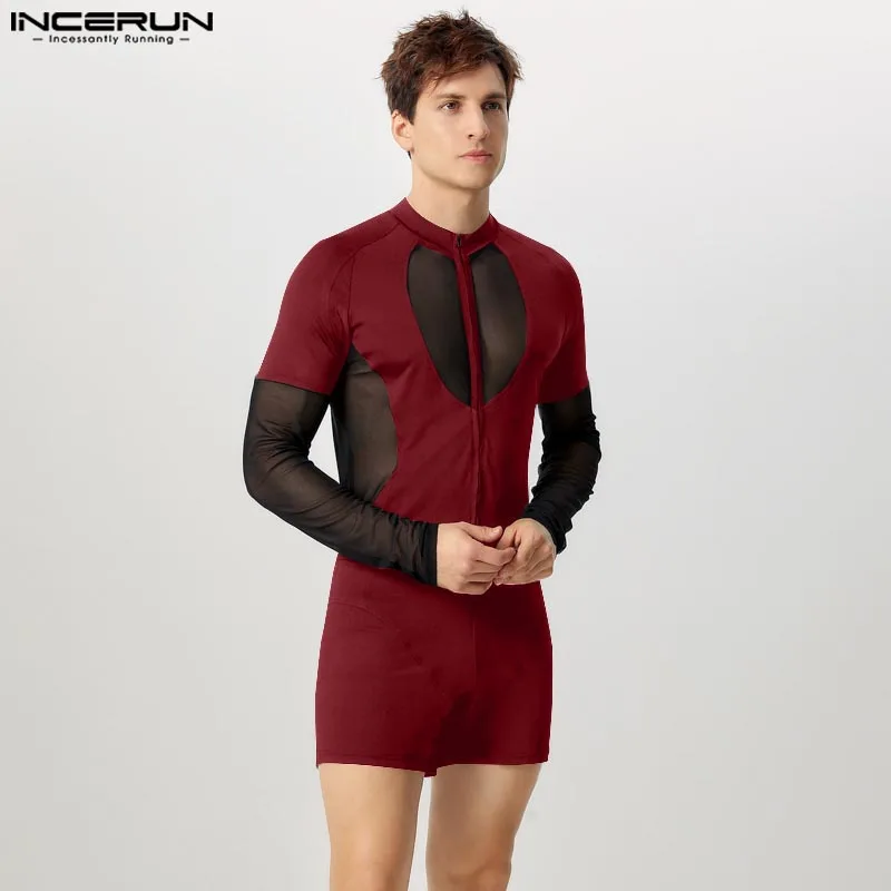 INCERUN 2024 Stylish Jumpsuit Mens Sexy Hollow Design Splicing Mesh Jumpsuit Loungewear Male Hot Sale Thin Long Sleeved Bodysuit