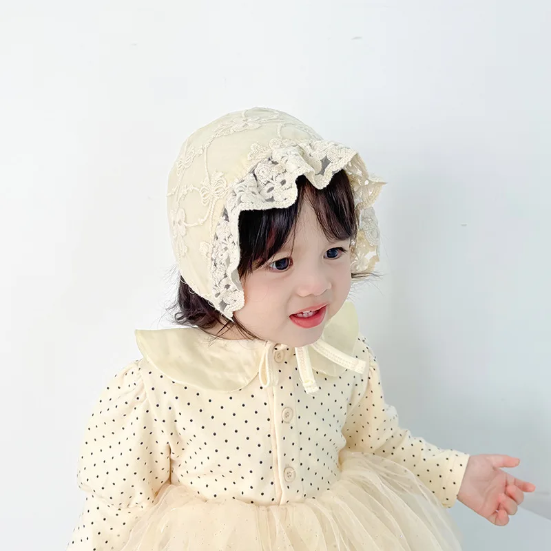 Lace Ruffle Princess Court Hat White Flower Girl Baby Headwear Bonnet Newborn Photo Props Children Sunshade Cap 0-1Y Kids Visors
