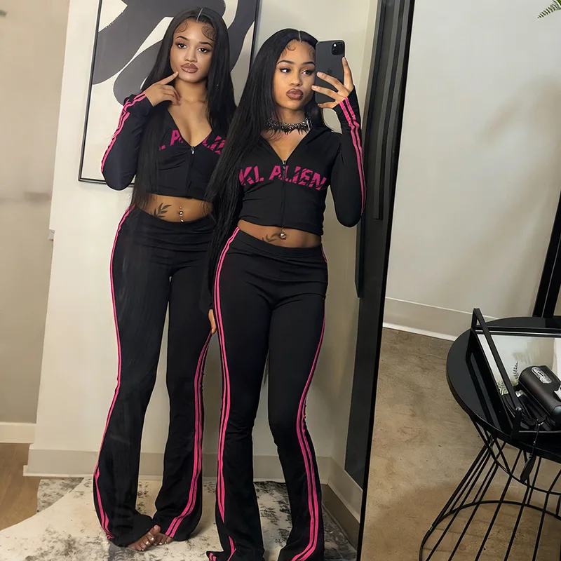 

Side Stripe Letter Print Slim 2 Piece Set Women Tracksuits Long Sleeve Zip-up Hooded Sweatshirts Tops + Flare Pants Casual Suits
