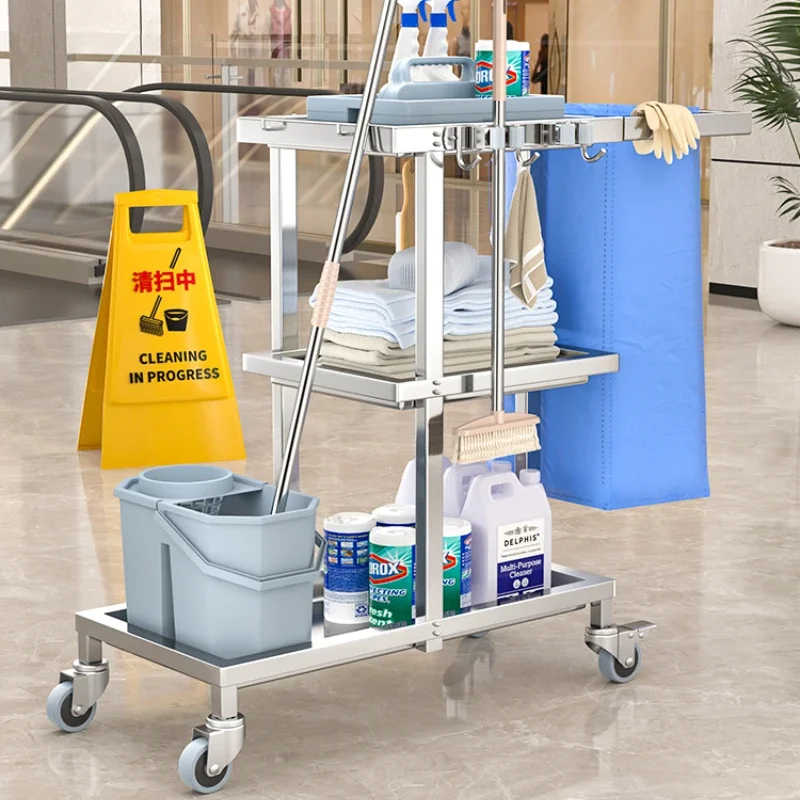 Stainless steel cleaning cart Hotel room trolley Linen cart Property cleaning truck