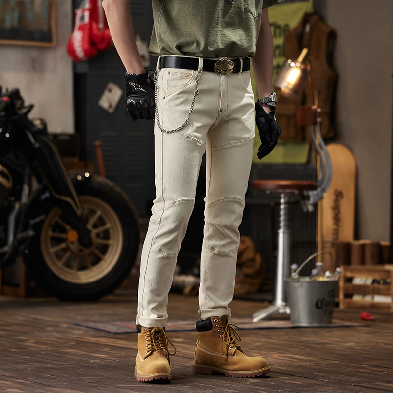 Beige jeans men's slim fit fashionable retro non-mainstream stitching motorcycle all-matching long pants nightclub