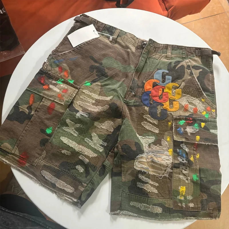 

Deeptown Vintage Camouflage Women Jorts Oversized Leather Letter Embroidery Washed Retro Grunge Y2k Wide Leg Jean Shorts Baggy