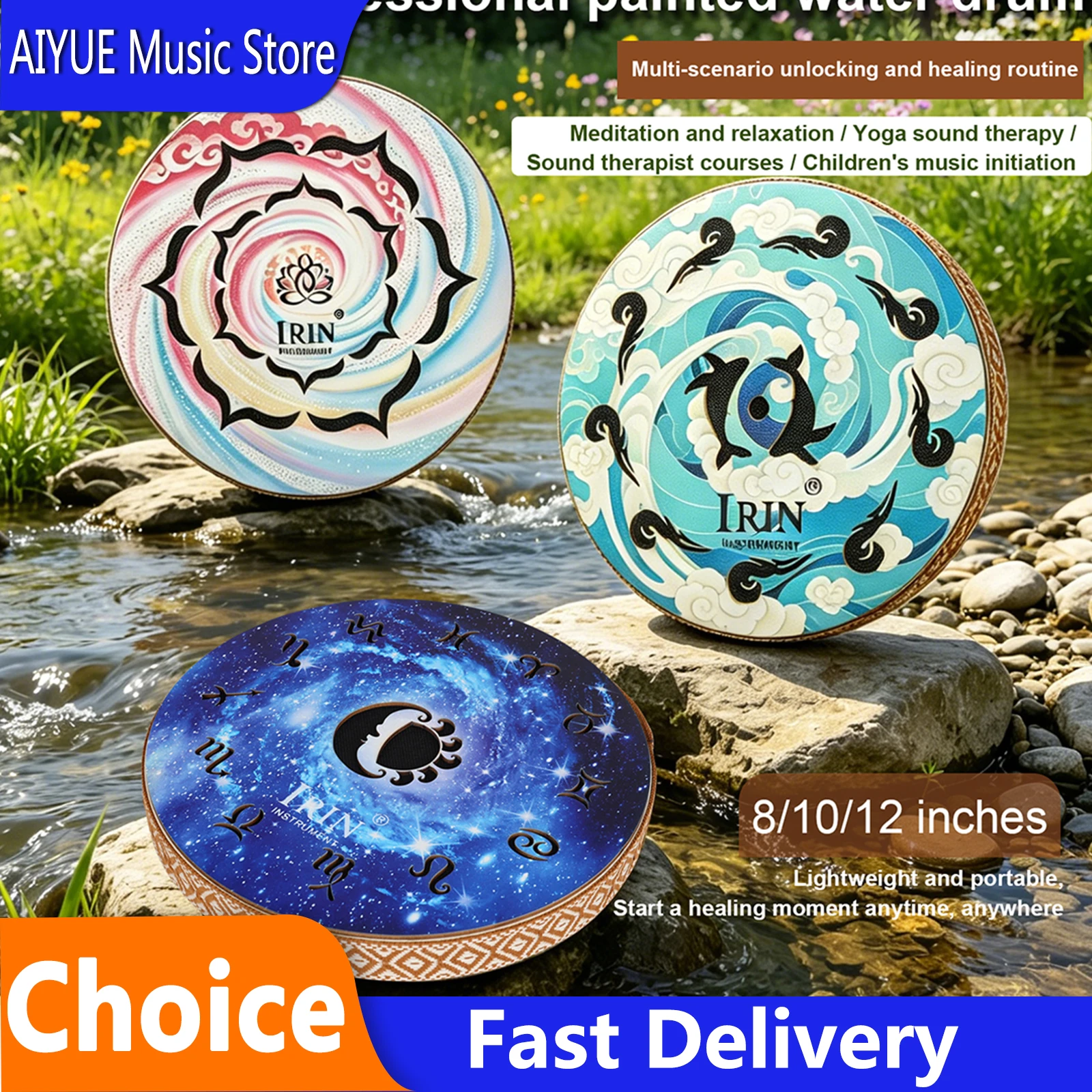  IRIN Water Drum Painted Birch 8 10 12 Inch Sound Healing Drum Flower Star Wave Pattern Meditation Percussion Instrument