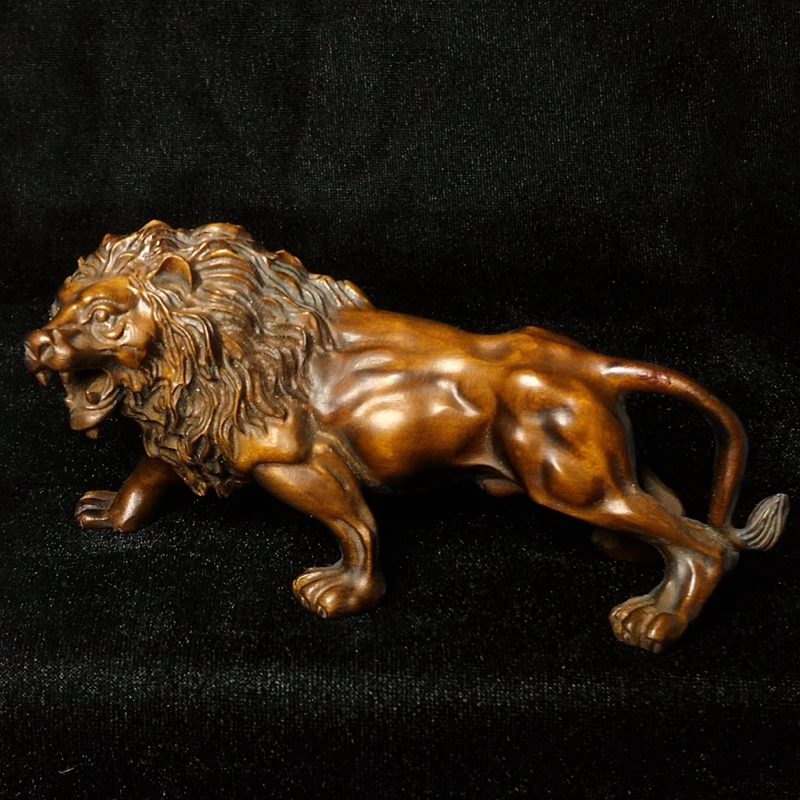 YIZHU CULTUER ART Old Chinese boxwood Hand carved Lion King figurine Figure statue desk Ornament Gift Collection Size 14 CM