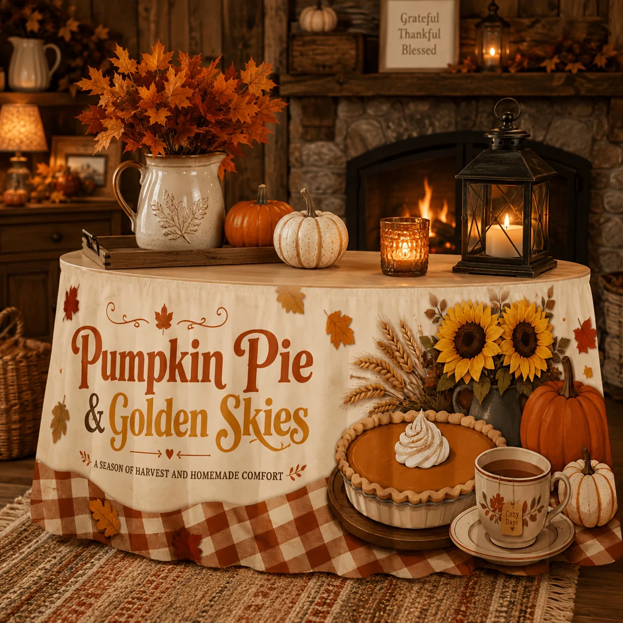 One party table skirt with vintage checkered pumpkin and sunflower round tablecloth for autumn collection