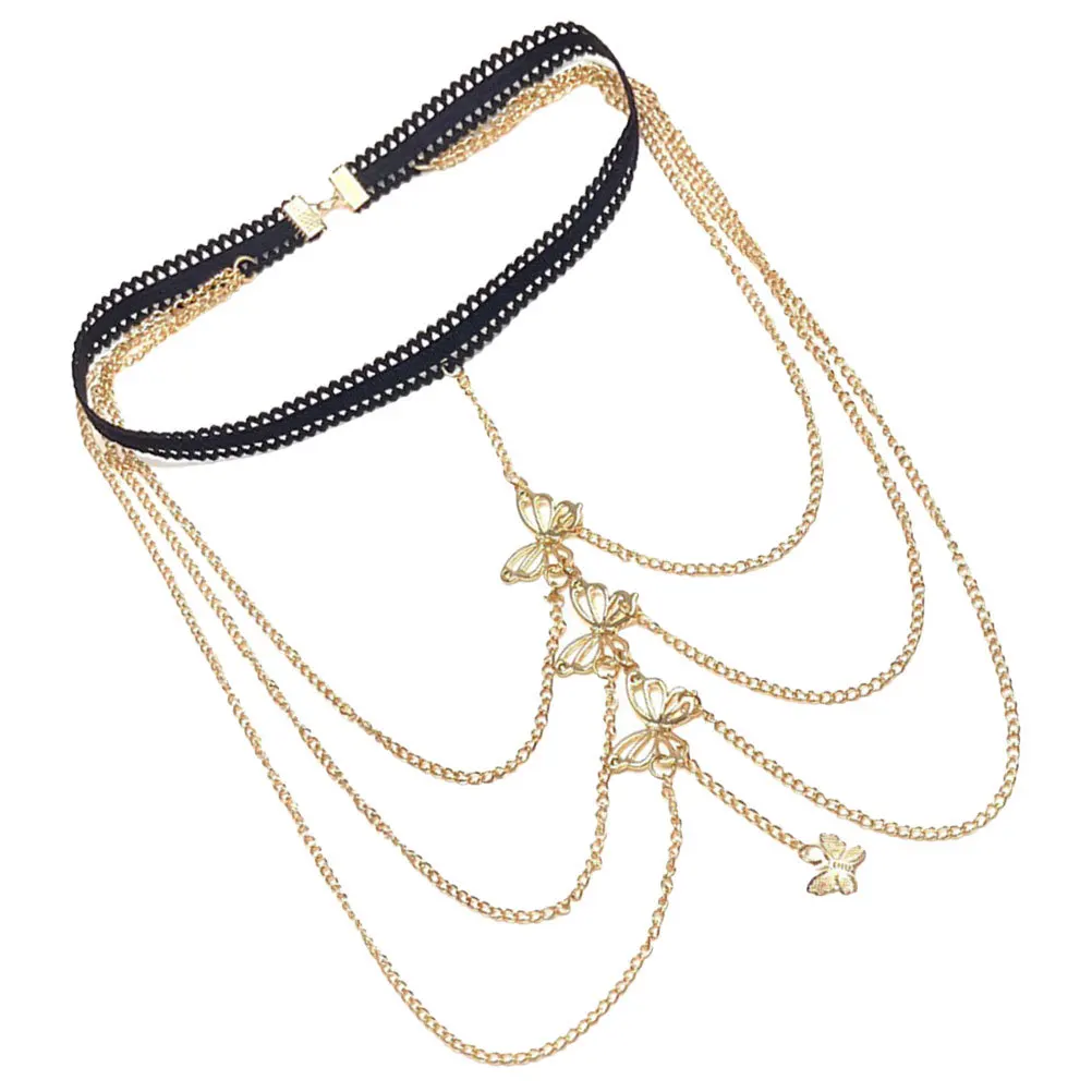 Corrente elástica sexy para coxa, joias multicamadas para pernas, borboletas, corrente corporal, boate, festival, festa, correntes corporais para mulheres