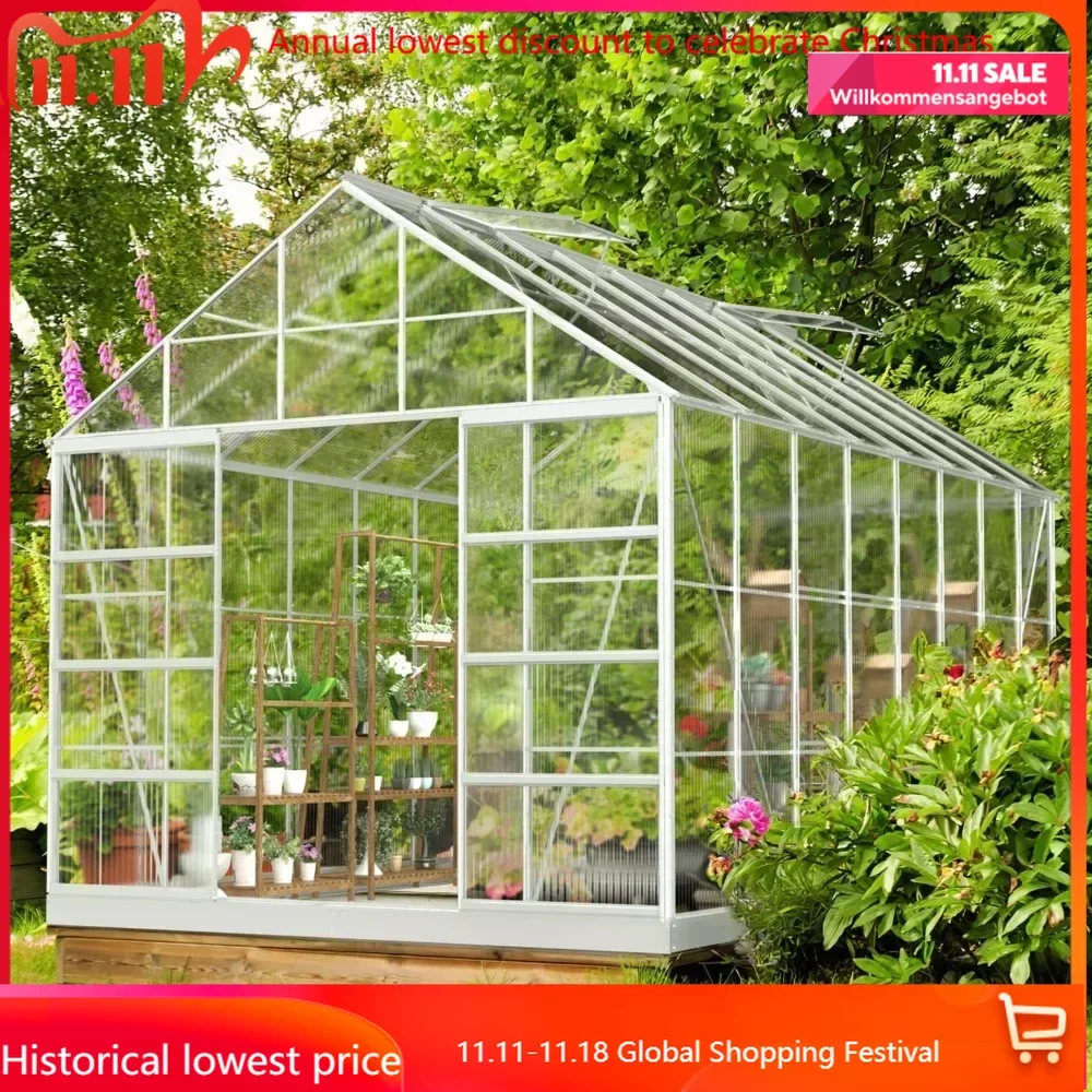 10' x 16' Outdoor Aluminum Greenhouse Polycarbonate with Adjustable Roof Vent and Sliding Door for Backyard Garden in Winter