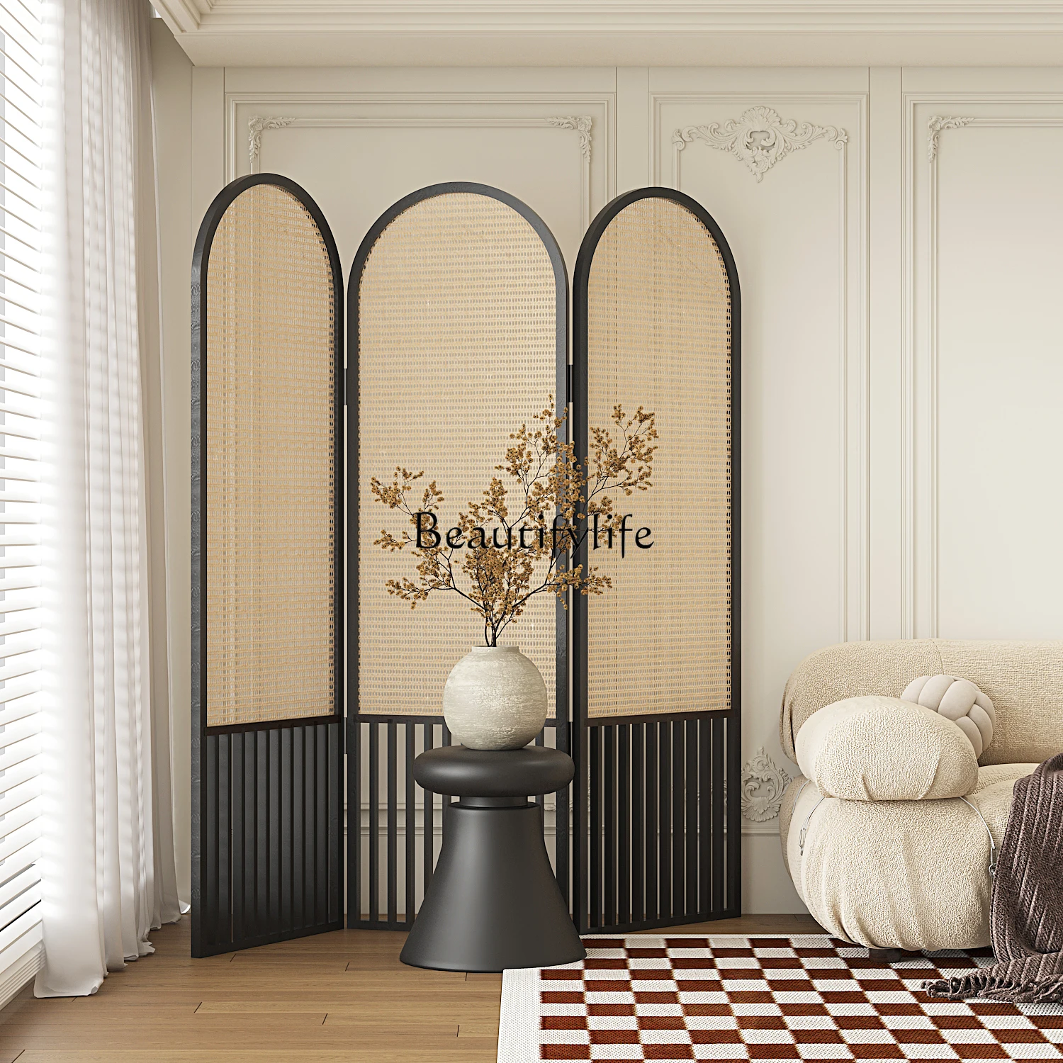 3French rattan screen solid wood folding partition entrance decoration wabi sabi home simple