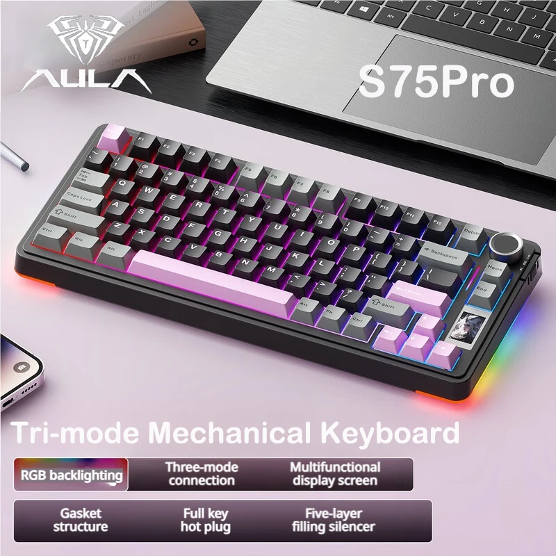 AULA S75 PRO Wired Wireless Bluetooth Tri Mode Hot Swappable Mechanical Keyboard With Full RGB Backlight Volume Knob And Gasket