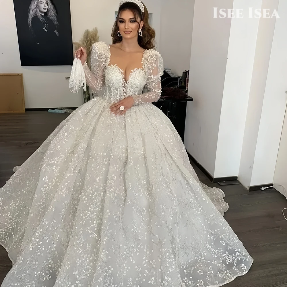 

Luxurious Wedding Dresses Florals Lace Appliques Tulle Long Sleeve Bridal Gowns Robe De Mariage Vestidos De NoviaCustomized