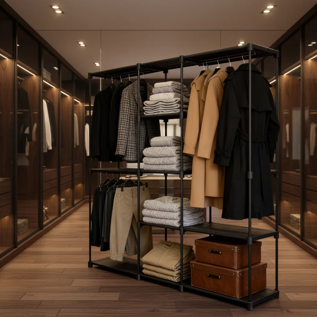 Expandable modular wardrobe storage system: customizable DIY garment racks with interlocking panels, suitable for smart home org