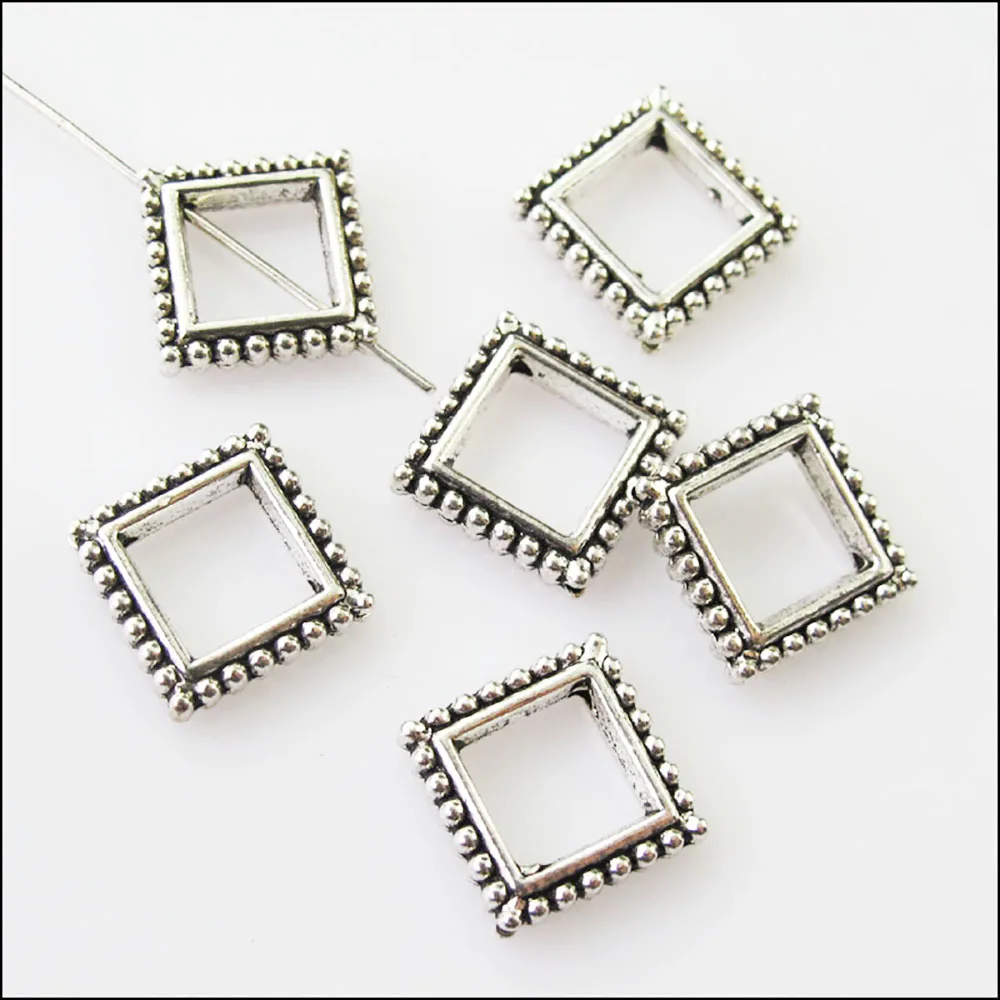 16Pcs Antiqued Silver Color Square Circle Spacer Beads Frame Charms 13mm