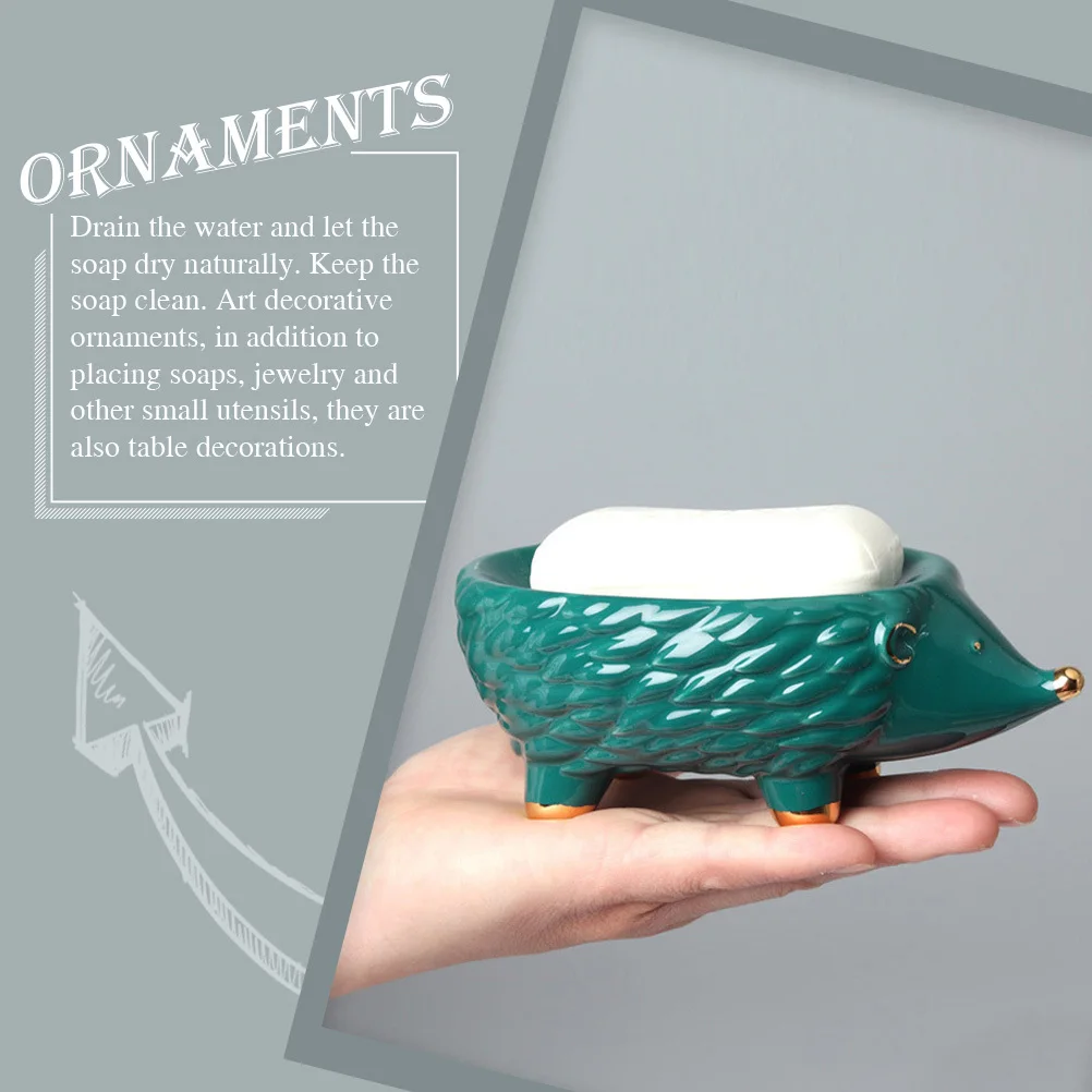 

Ceramic Soap Holder Hedgehog Shaped Drain Design for Bathroom Kitchen Sink Storage Cartoon Animal Soap Rack Home Decor Green