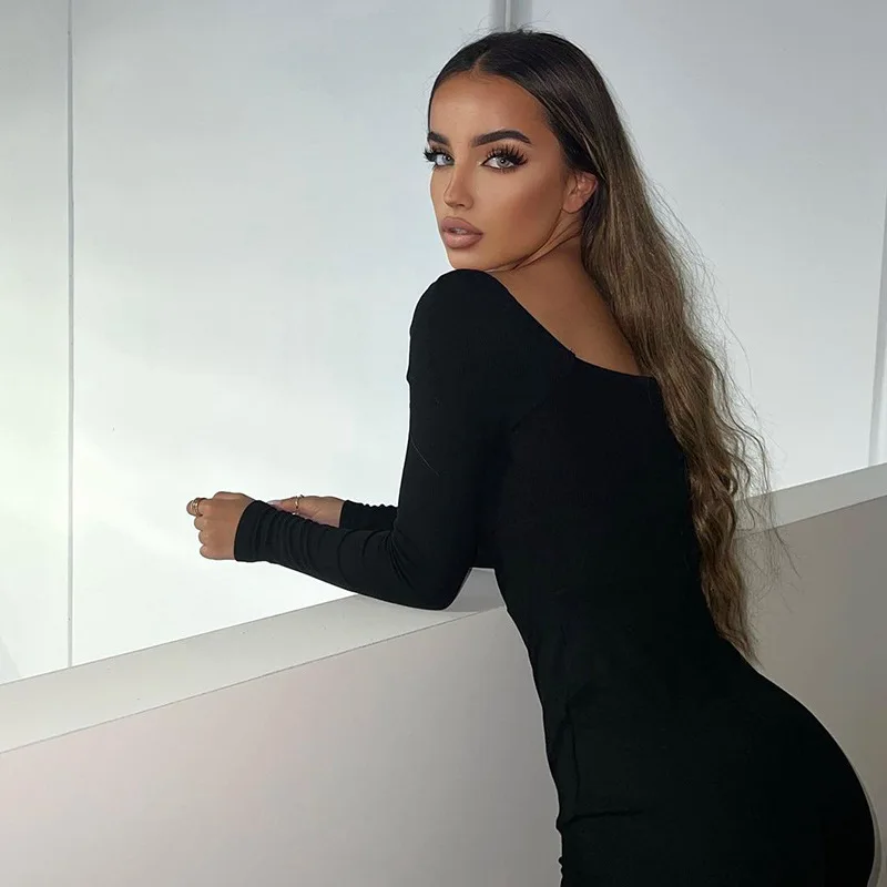 Summer and autumn women's fitness low cut black long sleeved V-neck jumpsuit with tie up long sleeved tight jumpsuit