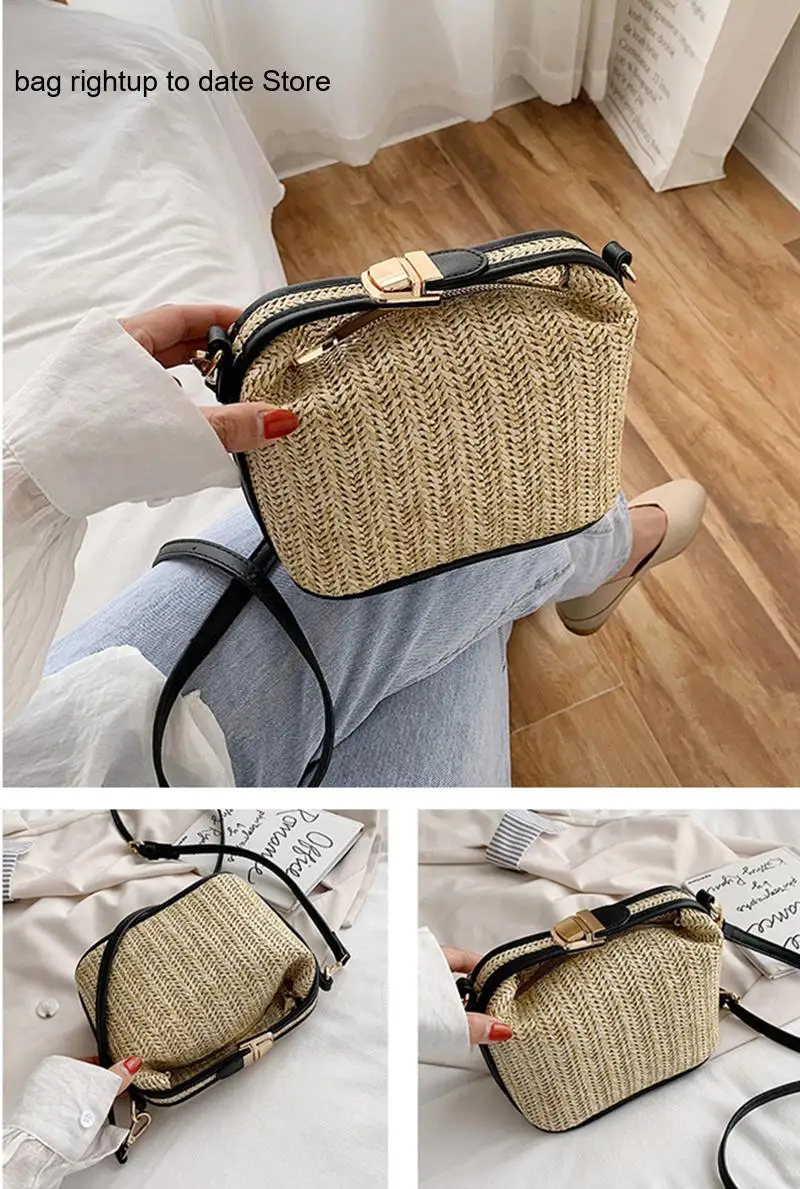 Summer Casual Beach Travel Pu Leather Straw Woven Splicing Handbag Crossbody Shoulder Bag