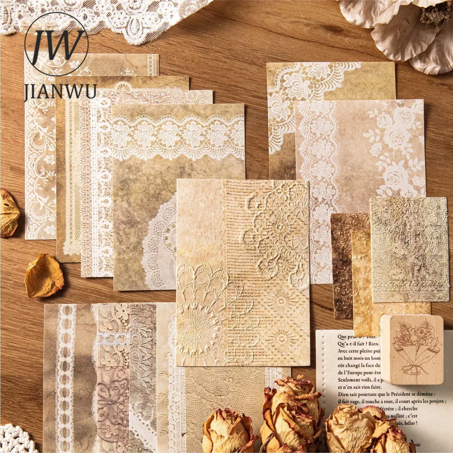 JIANWU Paper Coffee Color Series Vintage Lace Relief Landscaping Collage Material Paper Creative DIY Journal Stationery