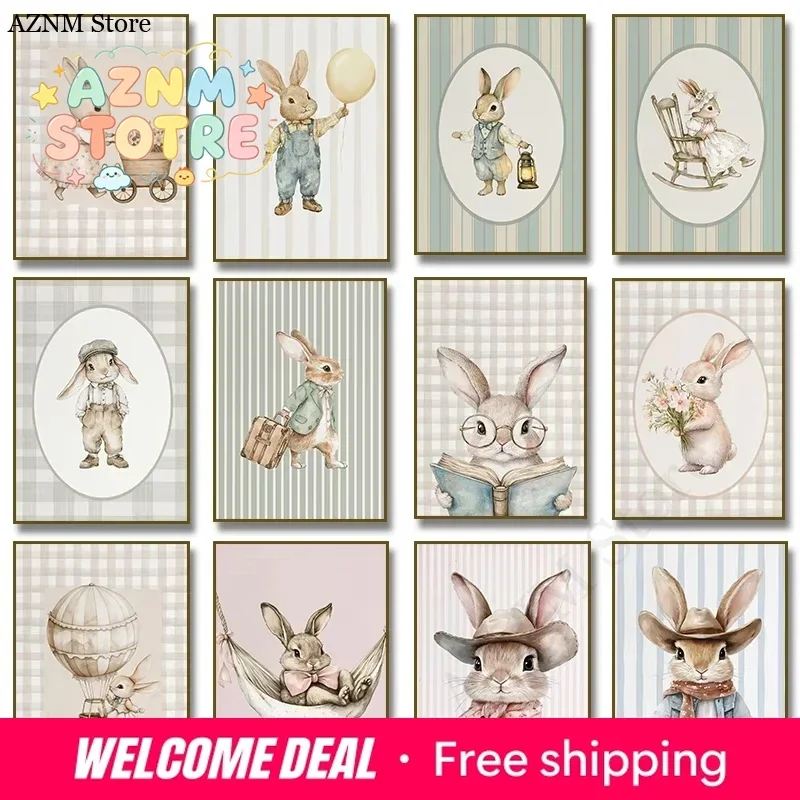 Nordic Cute Bunny Pushing Flower Cart Reading Poster Print Denim Bunny Hot Air Balloon Floral Glasses Canvas Art Home Room De