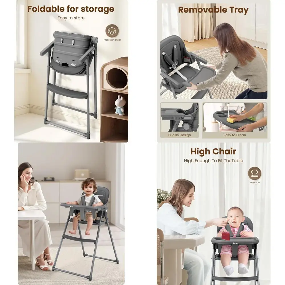 

Регулируемый стульчик для кормления с 3-позиционным подносом, 5-точечной системой безопасности, компактный, можно мыть в посудомоечной машине, серый