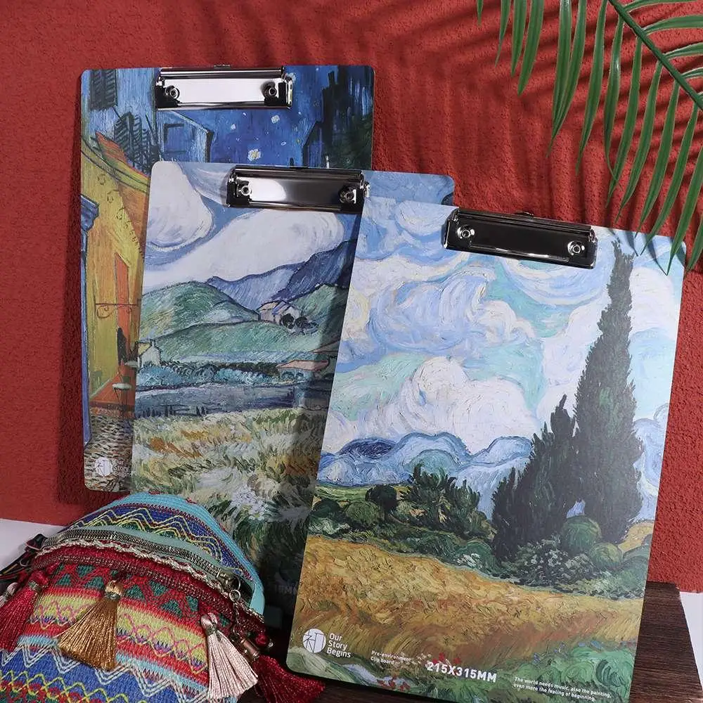 With Low Profile Gold Clip A4 File Folder Writing Sheet Pad Document Folder Paper Organizer Van Gogh Oil Painting Writing Pad