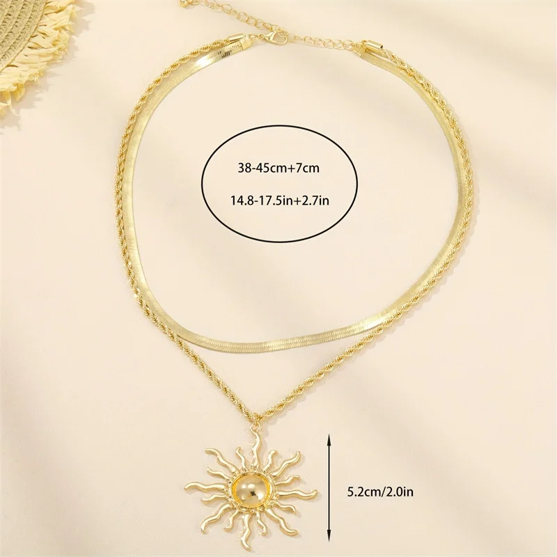 Übertriebene große Sonnen-Anhänger-Halskette für Frauen, trendige doppellagige Schlangenknochen-Kette, Halskette, Sommer-Schmuck-Accessoires – Detail 4