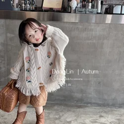 Sweater Coat Korean Childrens Clothing Autumn Girls Embroidery Knitwear Children Cardigan Baby Cloak Vintage Sweet