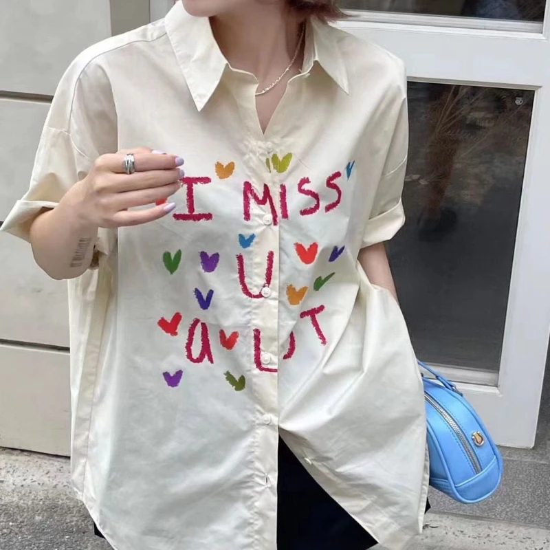 

EBAIHUI Summer Letter Print Women Shirt Korean Graffiti Colorful Design Lady Short Sleeve Blouse Loose Polo Collar Cardigan Tee