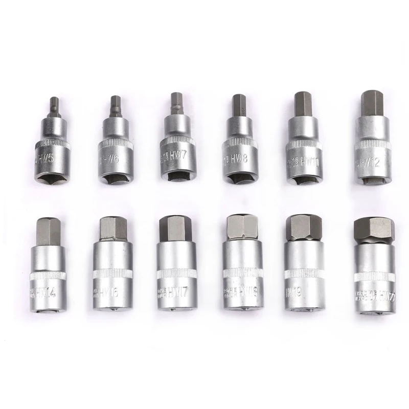 12pcs 1/2 Inch Drive Impact Hex Bit Socket Set H5 H6 H7 H8 H10 H12 H14 H16 H17 H18 H19 H22 Allen Key Sockets Set Hand Tools