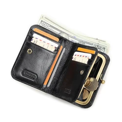 CONTACT'S Genuine Leather Short Wallets for Women Kiss Lock Classic Wallet Metal Frame Coin Purses Card Holder Money Clip Bags