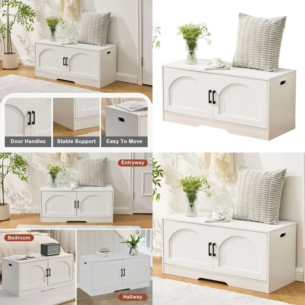 

Белая 2-дверная скамья для хранения обуви, ширина 39,4 дюйма, 2-уровневая мебель для прихожей, регулируемая полка, выдерживает до 150 кг