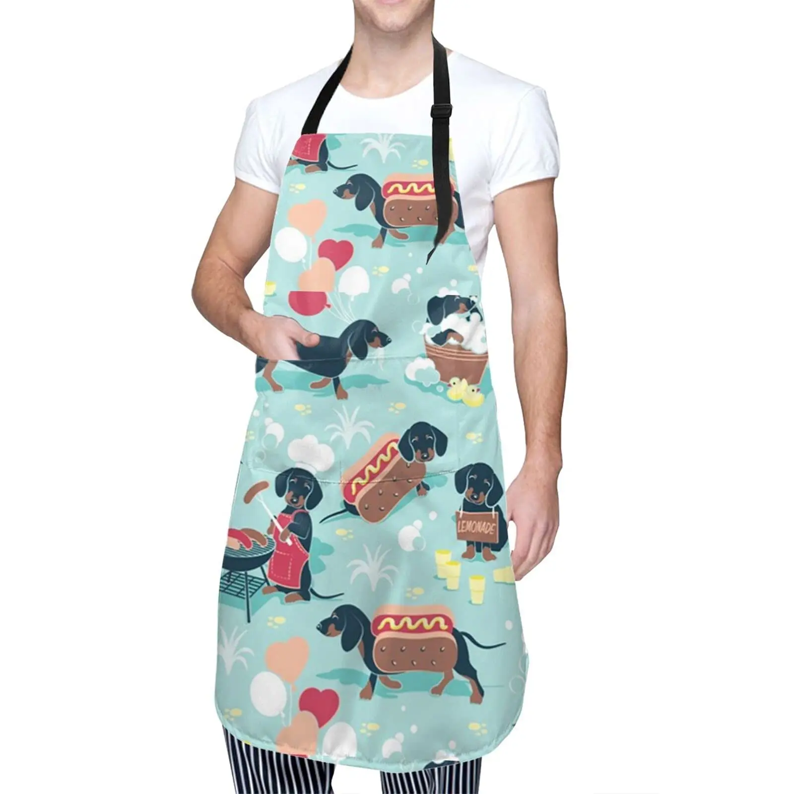 Dachshund Hot Dog Apron for Men Women with 2 pockets, Neck Strap Adjustable Aprons for Chef Kitchen