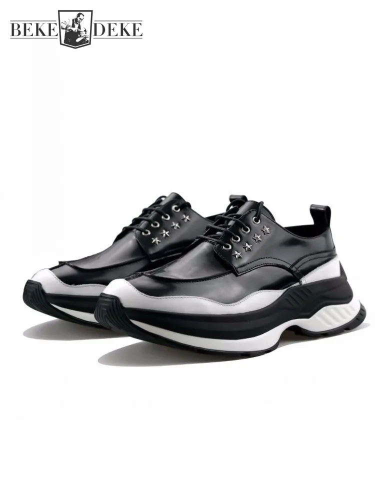 Fashion Cowhide Genuine Leather Mens Platform Casual Shoes Round Toe Black White Mixed Colors Designer Lace Up Rivet Sneakers