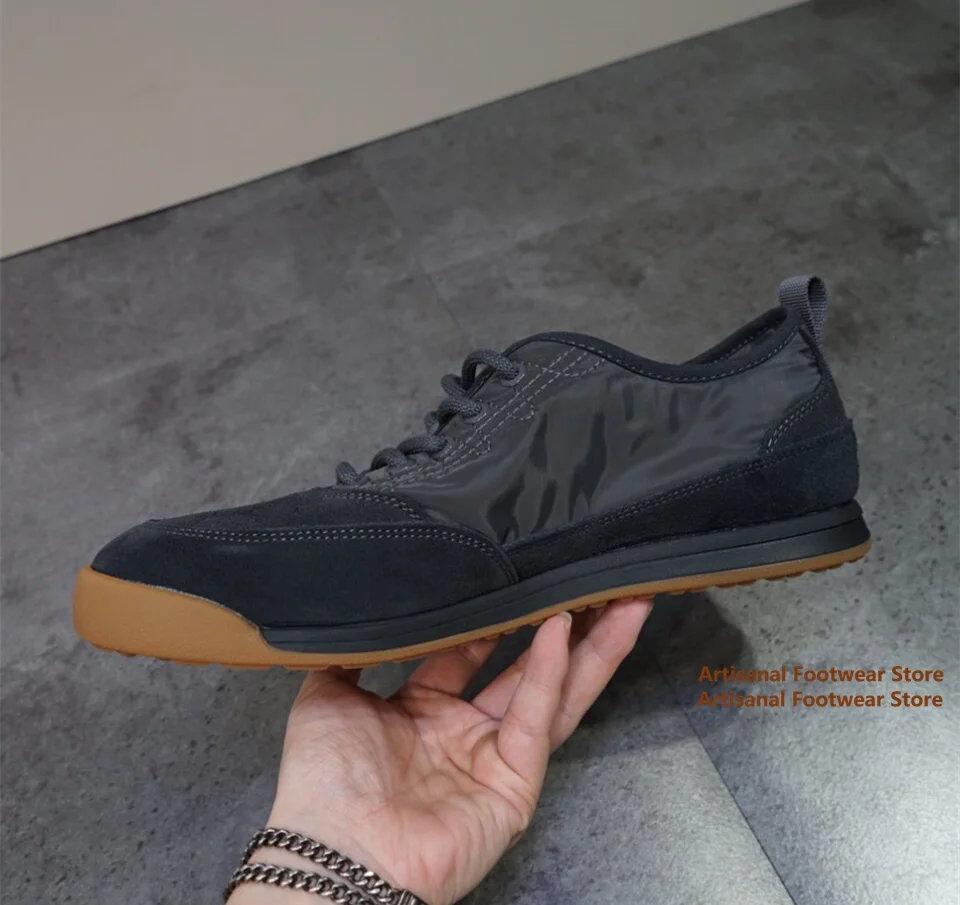 Vintage Low Top Casual Sneakers Nylon & Suede Patchwork Lace Up Shoes Lightweight Retro Walking Casual Shoes Trendy Men's Shoes