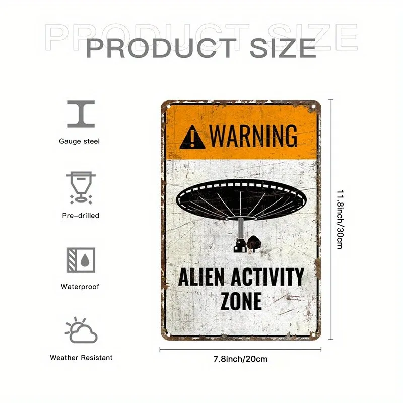 Vintage Warning: Alien Activity Zone Tin Sign Retro UFO Wall Decor for Home Bar Metal Sign