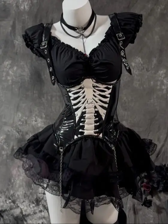 

Оригинальное готическое черное короткое платье с черепом на Хэллоуин, костюм для косплея для женщин, кружевное платье Лолиты в стиле панк с талией