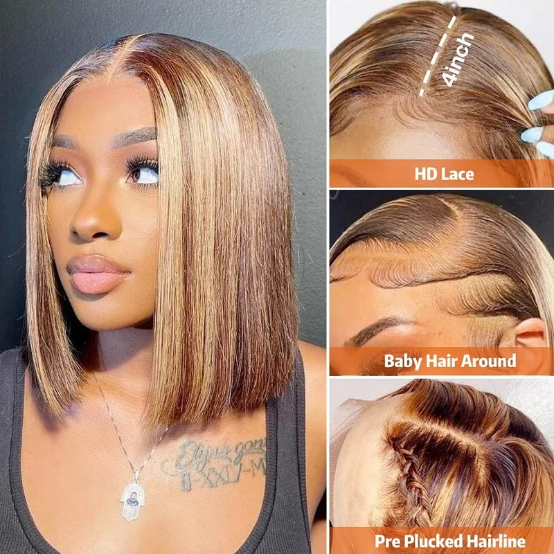 

Short Bob 6x4 Straight Highlight Ombre Brown Glueless Wigs Human Hair Pre Plucked Pre Cut HD Lace Closure Glueless Wigs
