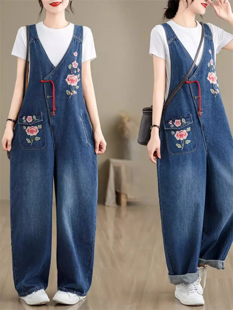 

Chinese Style Retro Loose Embroidered Jeans Denim Pants For Spring 2024 New Jumpsuit Women Sleeveless Oversized Trousers K408