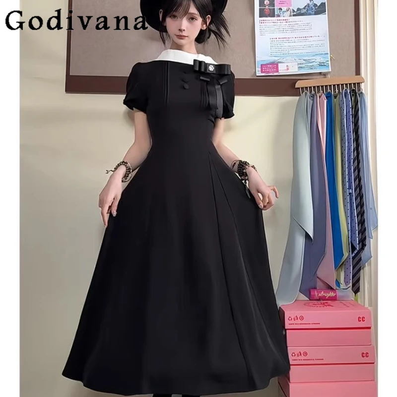 

Design Sense Hepburn French Retro Dress Women's Elegant Long Lolita Style Dress Girls Lace Up Gothic Waist Long Black Dress