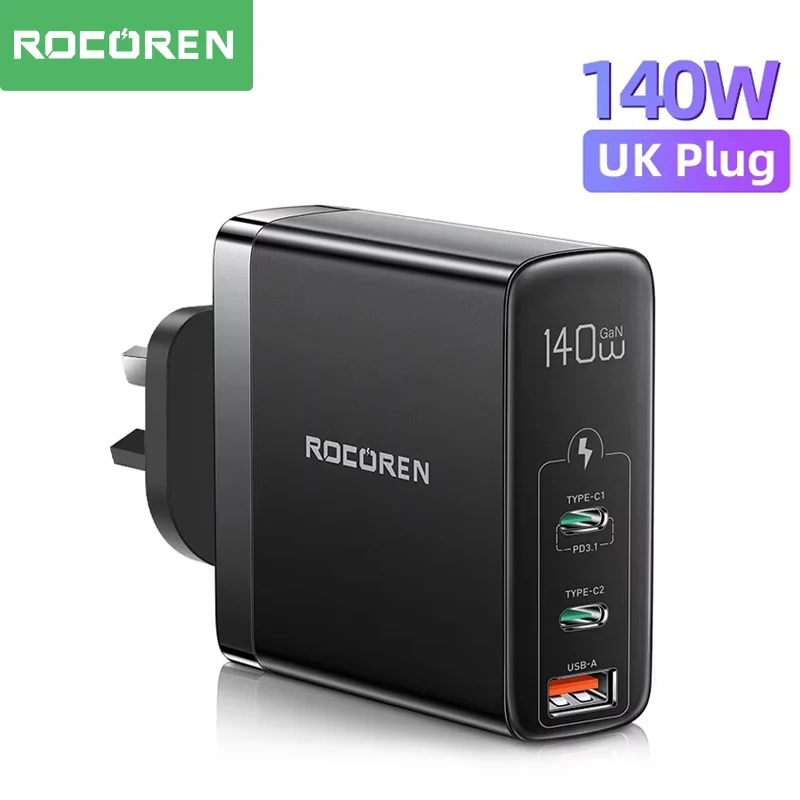 

Rocoren 140W GaN USB Charger Type C PD 3.1 QC Quick Charge 4.0 3.0 USBC UK Plug Fast Charger For MacBook Pro iPhone 16 Laptop