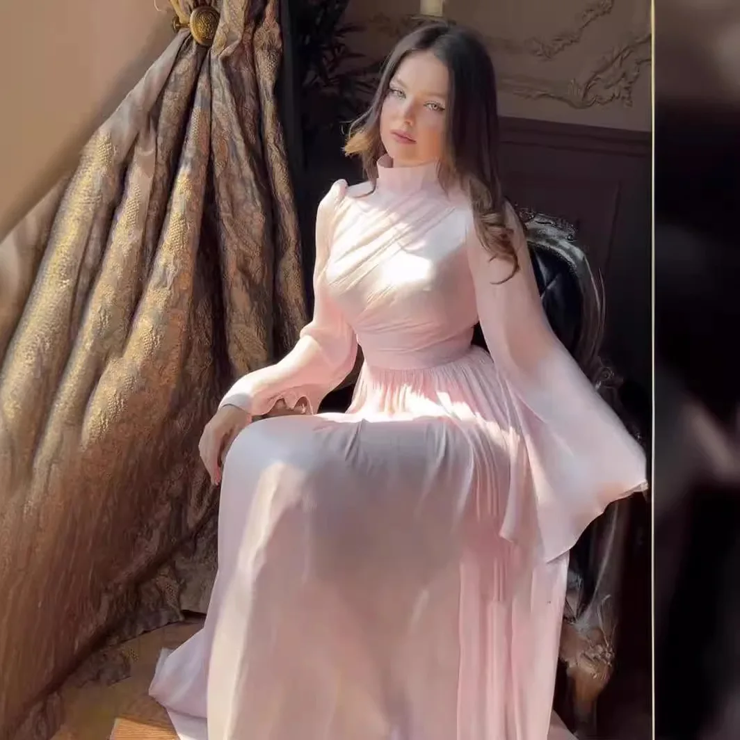 French Luxury Pleated Wedding Formal Occasion Dresses For Women's Elegant A Line Long Sleeve Chic Shine Robe Holiday Clothes